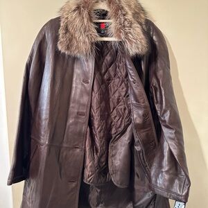 Brown Leather Coat with Fur Collar
